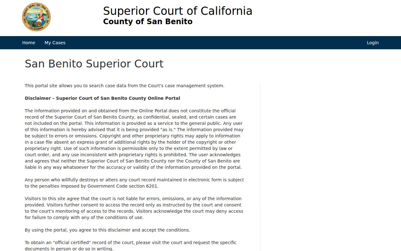 Hollister people search in the San Benito Superior Court portal