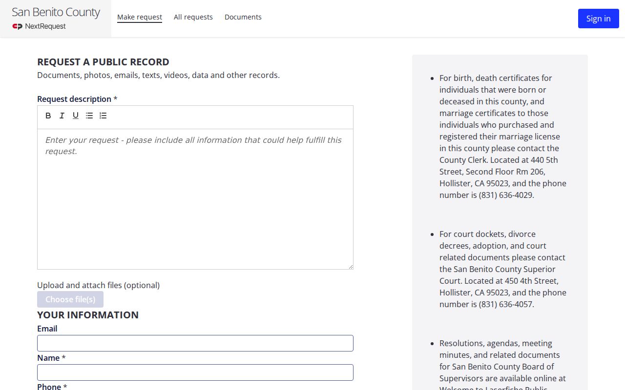 Hollister public records request form for San Benito County