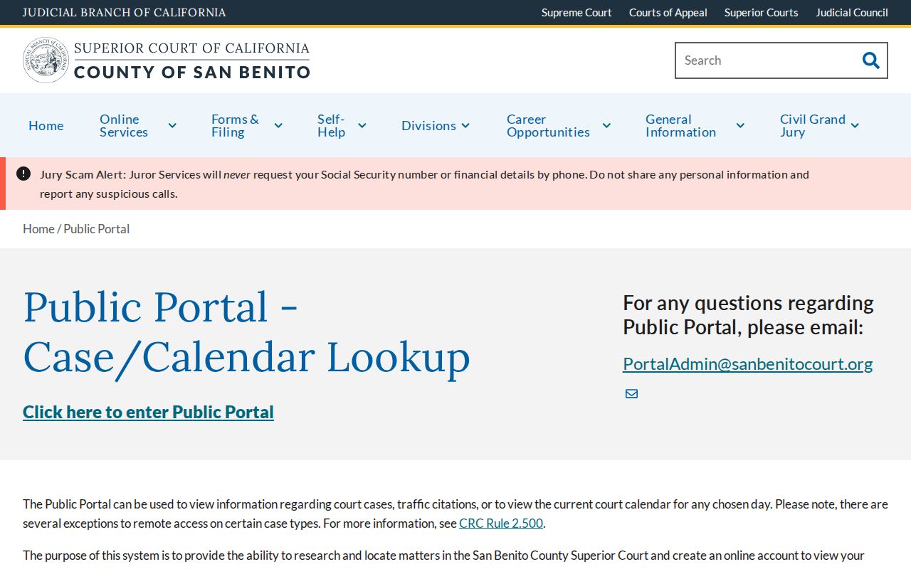 Hollister public records help for the San Benito Superior Court portal