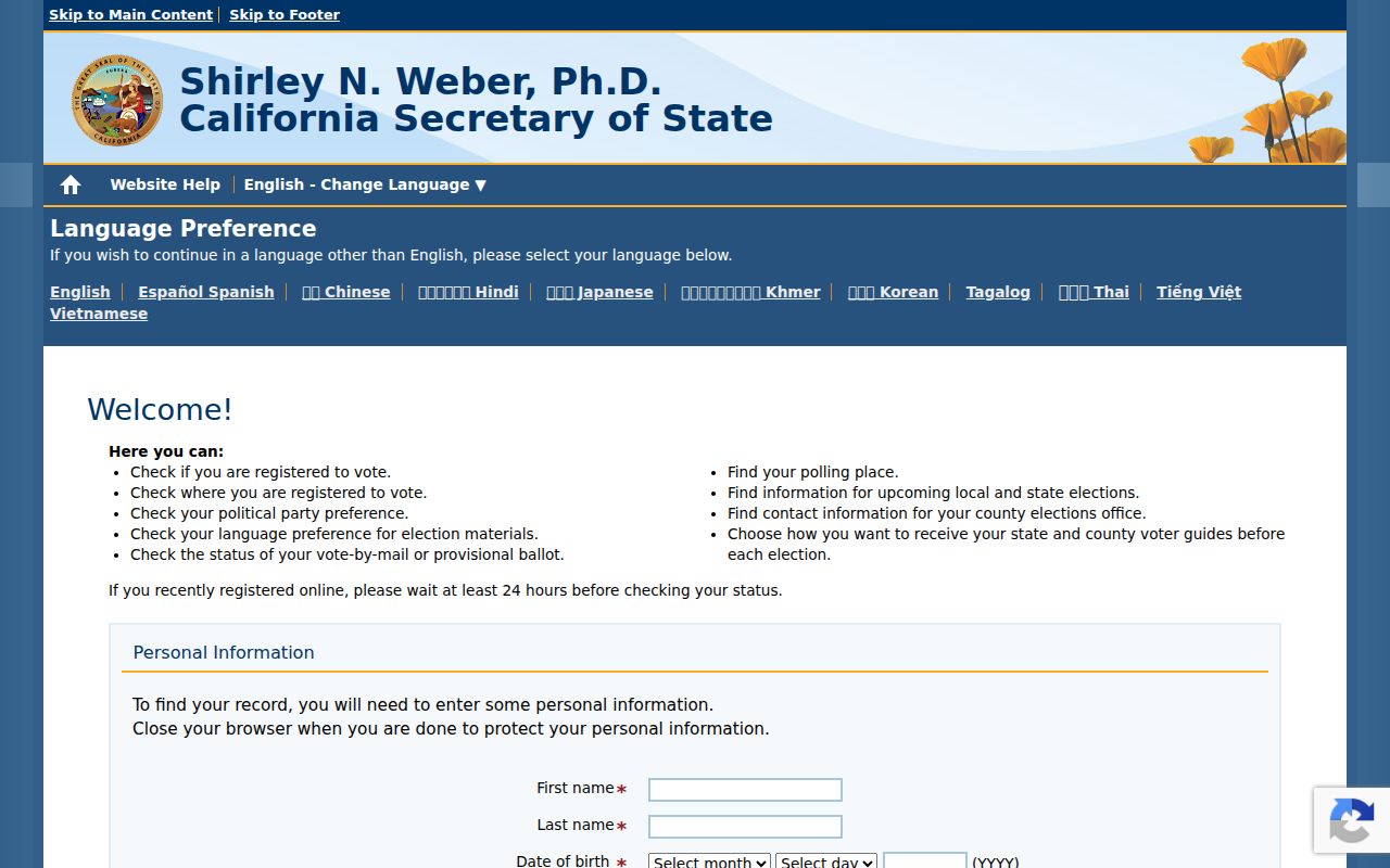 Hollister voter records lookup on California My Voter Status